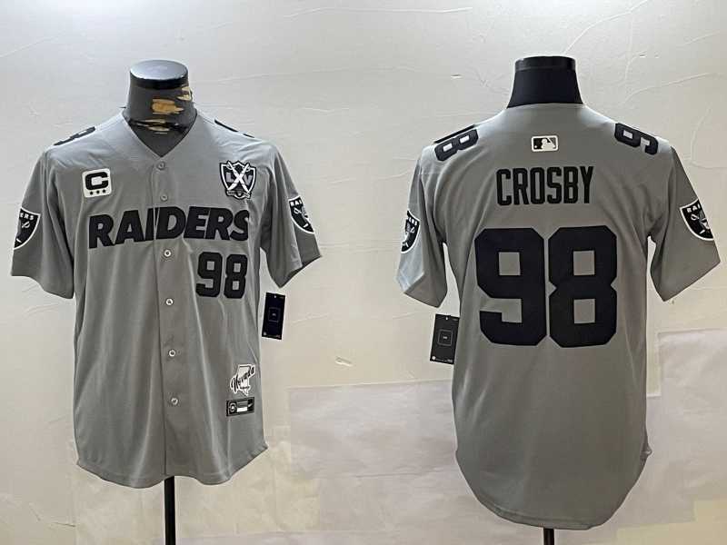 Men%27s Las Vegas Raiders #98 Maxx Crosby Grey Nevada Silver State And 65th Patch Stitched Baseball Jersey->las vegas raiders->NFL Jersey